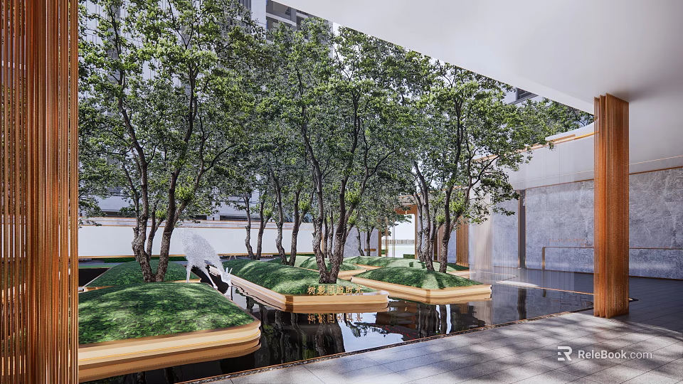 Modern Garden Landscape Design With Trees Green Lawn And Water Features 3d model 