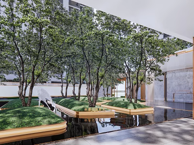 Modern Garden Landscape Design With Trees Green Lawn And Water Features 3d model