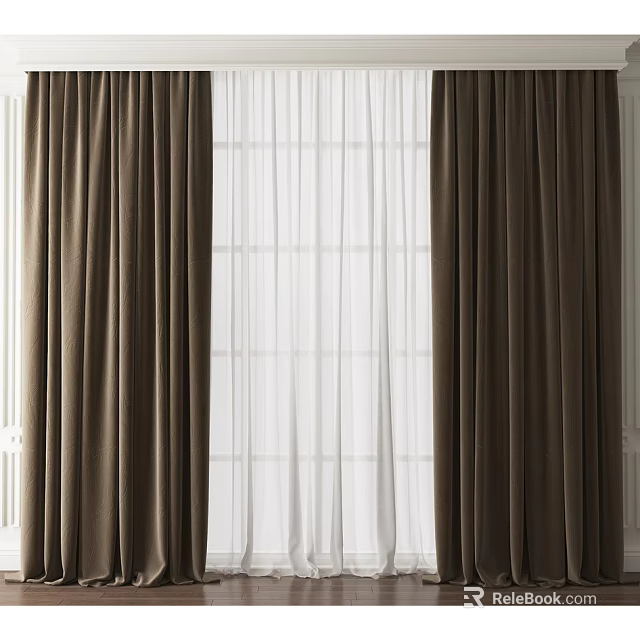 Brown Curtains With White Sheer Layer For Elegant Home Window Decor 3d model 