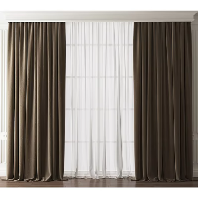 Brown Curtains With White Sheer Layer For Elegant Home Window Decor 3d model