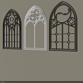 Three Arched Carved Windows with Intricate Patterns in Black and White