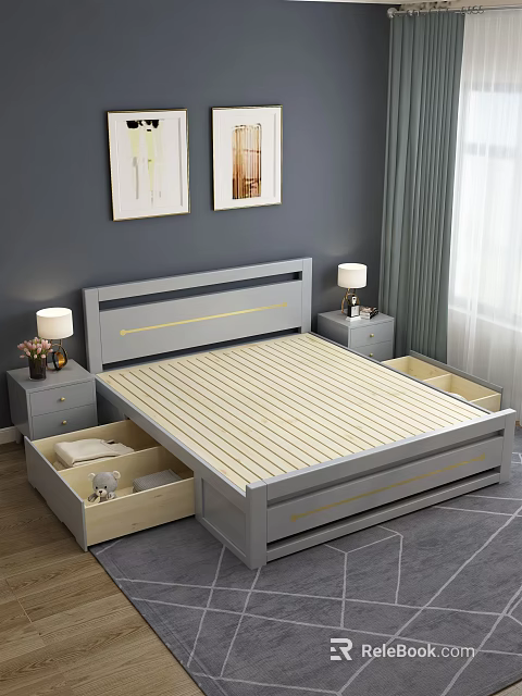 Modern Gray Double Bed With Gold Accent Storage Drawers Nightstands And Wall Art 3d model 