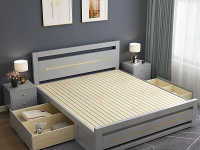 Modern Gray Double Bed With Gold Accent Storage Drawers Nightstands And Wall Art 3d model