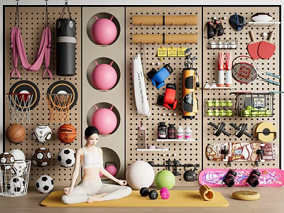 Woman Practicing Yoga on Mat with Organized Fitness Equipment and Sports Gear on Pegboard Wall 3d model