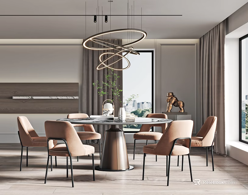 Modern Restaurant Interior With Round Dining Table Beige Chairs And Circular Chandelier 3d model