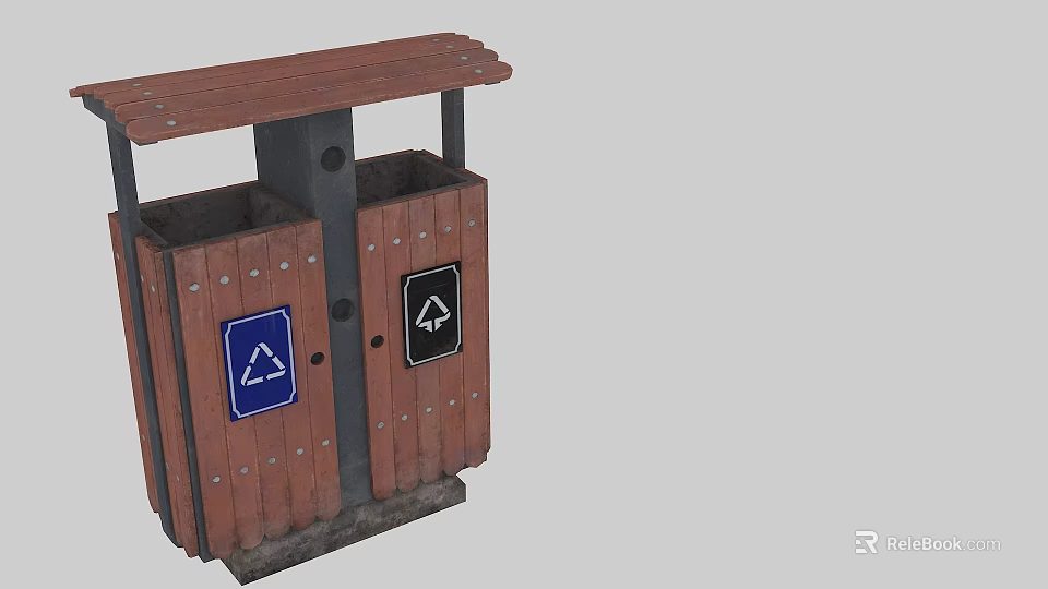 Dual Compartment Wooden Trash Bin for Recycling and Other Waste with Icons 3d model 