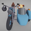 Blue Motorcycle With Sidecar Brown Seats Yellow Cloth And Luggage Packages