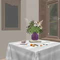 Ornamental Decor Set On Table With Pink Tablecloth Vase Flowers Feathers Book And Pink Cup