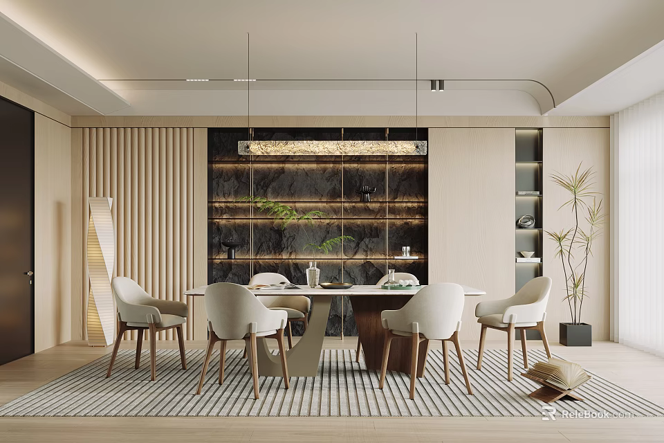 Modern Restaurant Interior Design With Dining Table White Chairs Pendant Lights And Plants 3d model