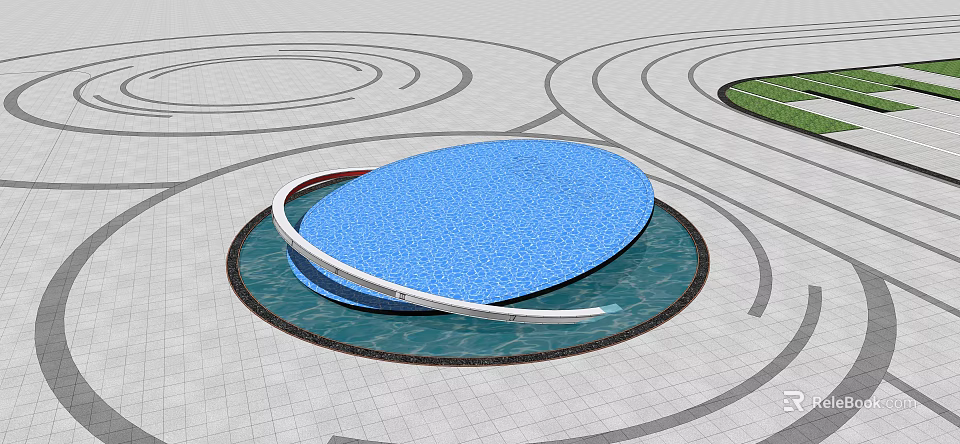 Decorative Garden Ornament With Circular Pool Blue Oval Surface And Paved Pathways 3d model 