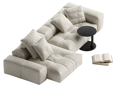 Beige Sectional Sofa With Plush Cushions Small Round Side Table And Open Book 3d model