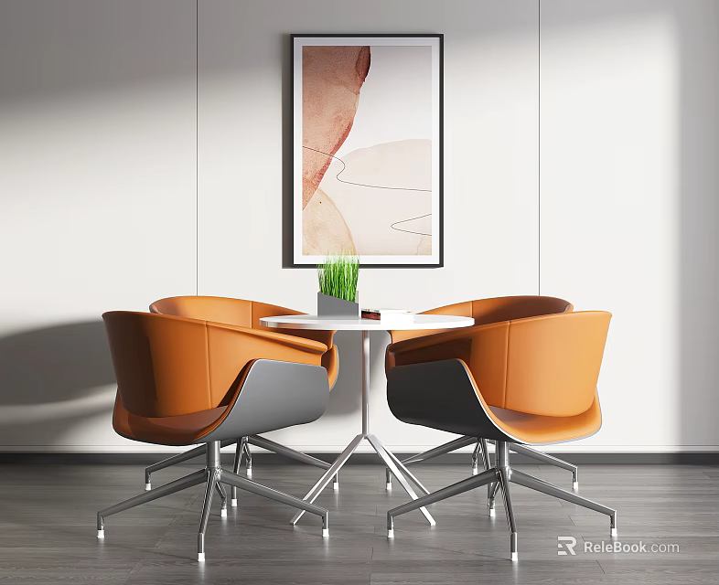 Modern Interior Space With Round White Table And Orange Chairs Metal Legs Wall Art And Potted Plant 3d model 