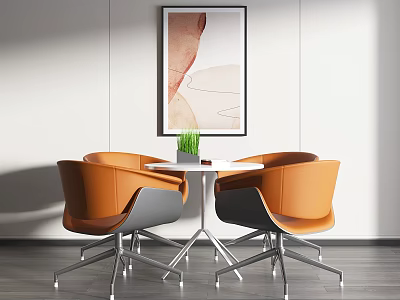 Modern Interior Space With Round White Table And Orange Chairs Metal Legs Wall Art And Potted Plant 3d model