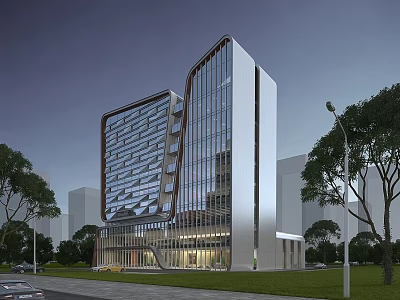 Modern Office Building Exterior With Unique Architectural Design Glass Curtain Walls And Surrounding Trees 3d model