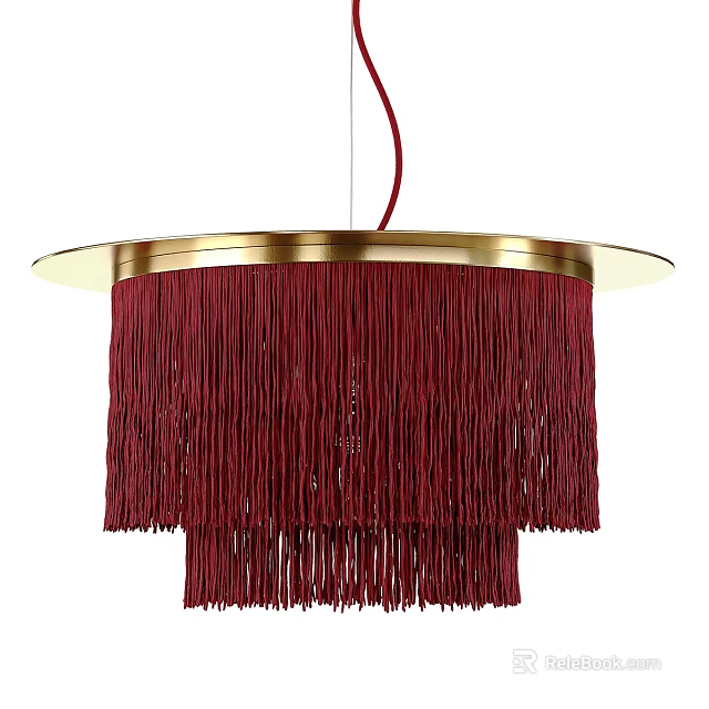 Elegant Modern Chandelier Featuring Layered Red Tassels And Golden Circular Frame 3d model 