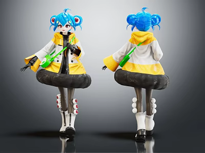 Anime Style Blue Haired Character Figure With White Yellow Coat Yellow Skirt And Green Object 3d model