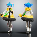 Anime Style Blue Haired Character Figure With White Yellow Coat Yellow Skirt And Green Object