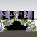 Elegant Banquet Hall With Purple Decor White Chairs Stage And Fresh Flowers