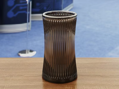 Dark Striped Glass Vase Placed On Wooden Table With Blue Carpet Setting 3d model