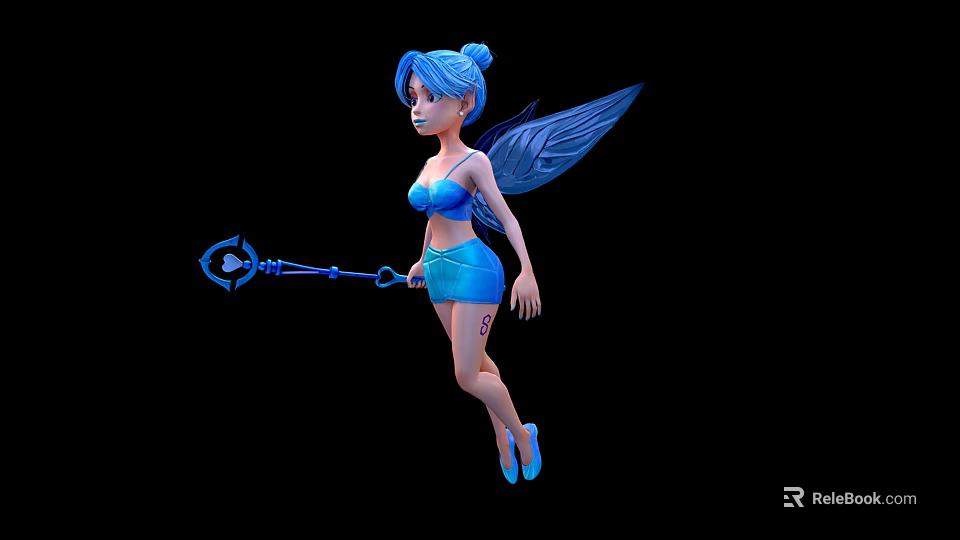 Blue Haired Fairy With Blue Wings Flying Holding Blue Magical Wand 3d model 