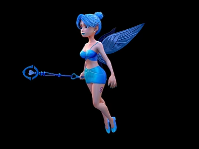 Blue Haired Fairy With Blue Wings Flying Holding Blue Magical Wand 3d model