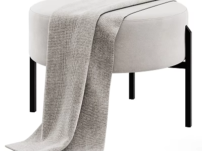 Modern Beige Fabric Ottoman With Black Metal Legs And Soft Knitted Blanket 3d model