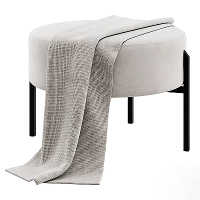 Modern Beige Fabric Ottoman With Black Metal Legs And Soft Knitted Blanket 3d model
