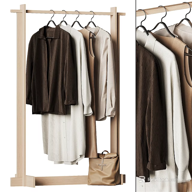 Different Colored Clothes Hanging On Hangers With Shirts And Dresses In Wooden Wardrobe 3d model 