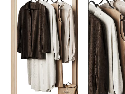 Different Colored Clothes Hanging On Hangers With Shirts And Dresses In Wooden Wardrobe 3d model