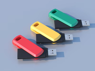 Colorful USB Flash Drives with Red Yellow Green Bodies and Black Bases for Daily Use 3d model