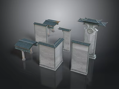 Traditional Chinese Architecture Elements with Tile Roofs Stone Pillars and Clock Tower 3d model