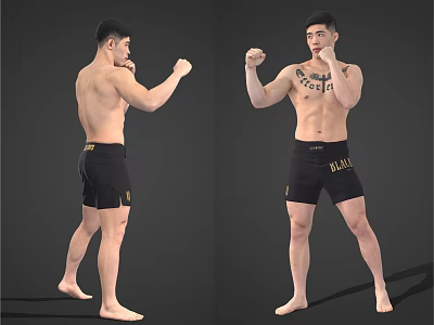 Shirtless Man in Black Shorts Posing in Fighting Stance from Different Angles 3d model