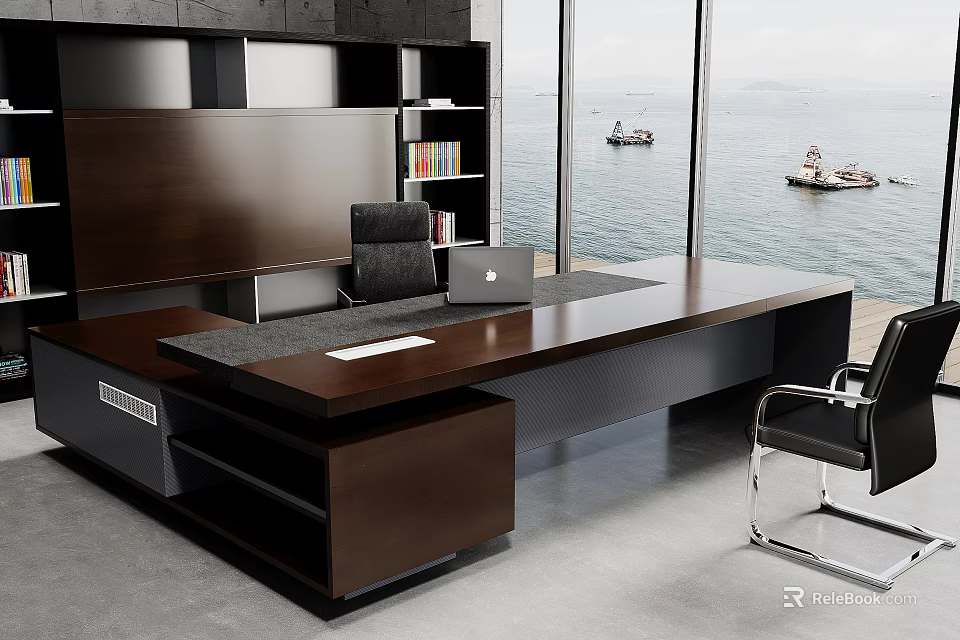 Modern Dark Wooden Office Desk with Laptop and Black Leather Chair by Sea View Windows 3d model 