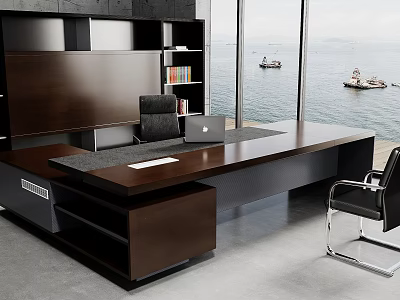 Modern Dark Wooden Office Desk with Laptop and Black Leather Chair by Sea View Windows 3d model