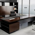 Modern Dark Wooden Office Desk with Laptop and Black Leather Chair by Sea View Windows