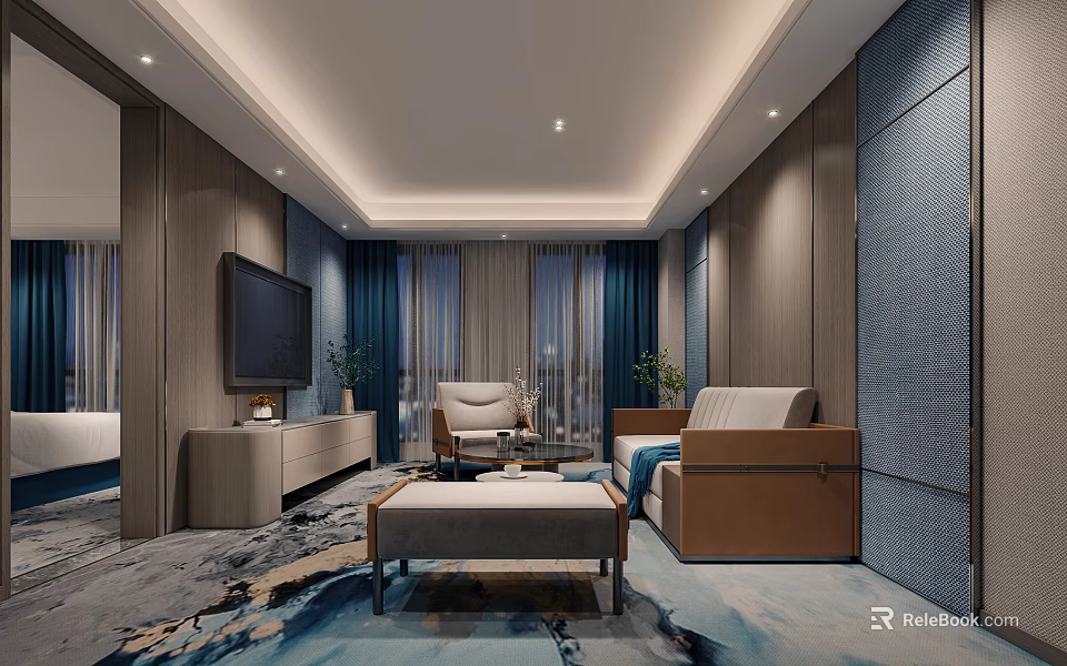 Modern Hotel Guest Room with Sofa Armchair TV Blue Carpet and Large Window 3d model 
