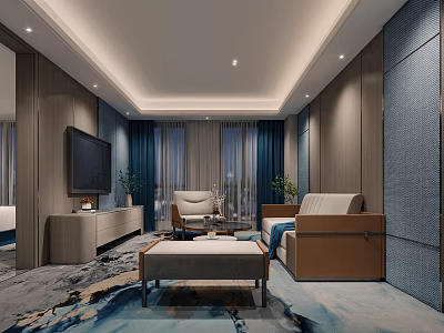 Modern Hotel Guest Room with Sofa Armchair TV Blue Carpet and Large Window 3d model