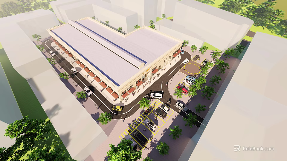 Aerial View Of Large Commercial Building With Parking Lot Vehicles And Surrounding Trees 3d model 