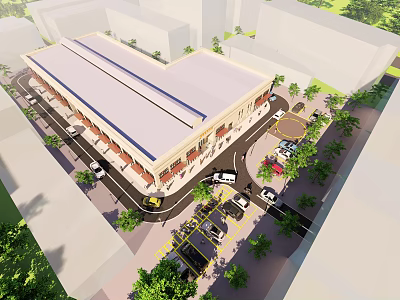 Aerial View Of Large Commercial Building With Parking Lot Vehicles And Surrounding Trees 3d model