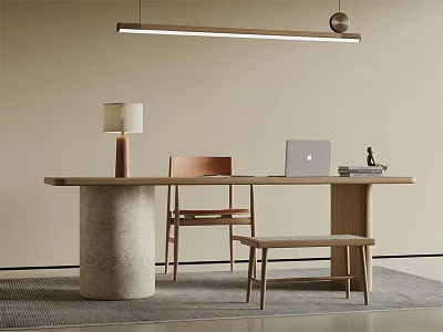 Modern Wooden Desk With Concrete Base Chair Bench Table Lamp Laptop And Hanging Light 3d model