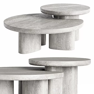 Modern Round Coffee Tables With Textured Stone Surface And Stacked Cylindrical Legs 3d model
