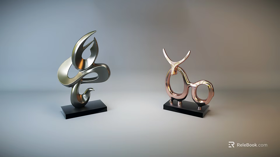Modern Abstract Metal Sculptures With Silver And Copper Finish On Black Bases 3d model 