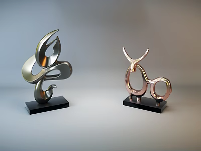 Modern Abstract Metal Sculptures With Silver And Copper Finish On Black Bases 3d model