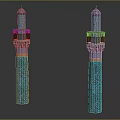 Two Ornate Towers Featuring Blue Green Geometric Patterns With Domed Tops And Decorative Balconies