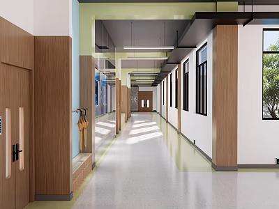 Modern Office Hallway Design With Wooden Doors White Walls And Natural Light 3d model