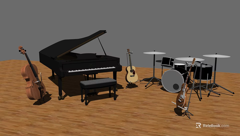 Musical Instruments Collection with Grand Piano Guitar Drum Set and Double Bass on Wooden Floor 3d model 