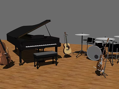 Musical Instruments Collection with Grand Piano Guitar Drum Set and Double Bass on Wooden Floor 3d model