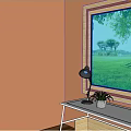 Desk Lamp On Desk With Potted Plant By Window Overlooking Grass Trees Gazebo Horse Carriage