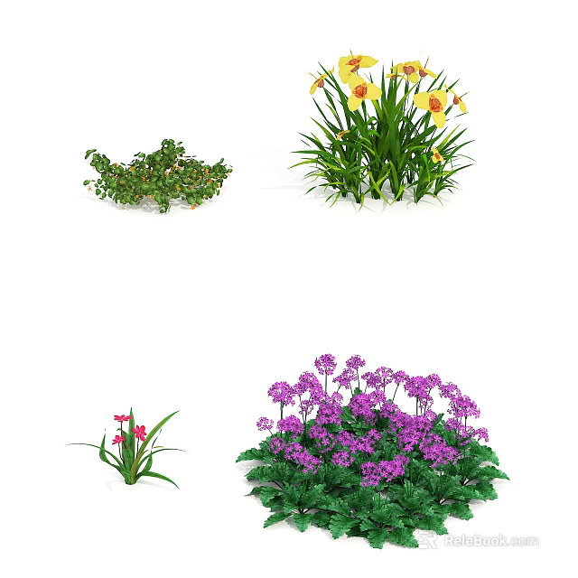 Colorful Flowers and Green Plants with Vibrant Blooms in Various Types 3d model 