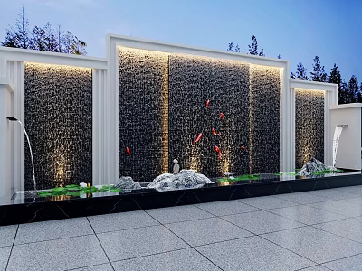 Water Feature Wall with Flowing Water Red Fish Green Plants Stone Accents and Decorative Lighting 3d model